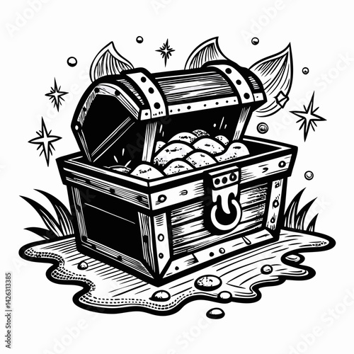 Vintage Treasure Chest Illustration with Jewels and Natural Background Elements