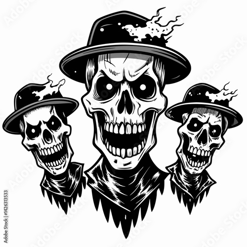 Monochrome Trio of Skull Illustrations with Hats  Halloween  Art