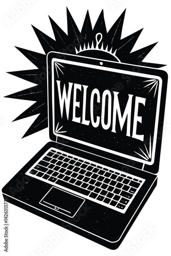 Welcome message on laptop screen in black and white hand drawn style