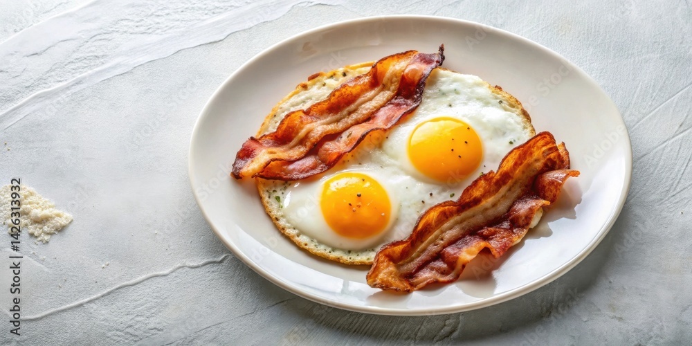 A delicious and savory breakfast of fried eggs and crispy bacon served on a white plate A delicious and savory breakfast of fried eggs and crispy bacon served on a white plate