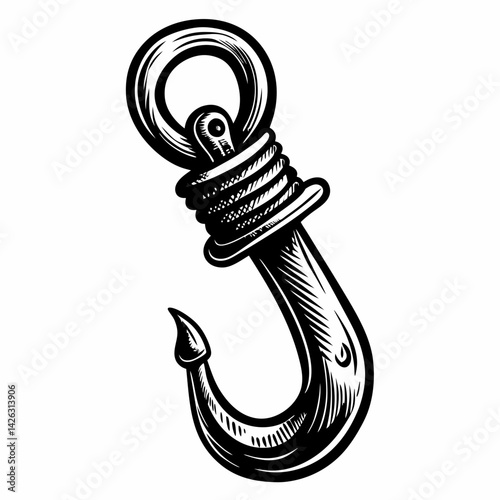Vintage Nautical Hook Illustration with Engraved Details for Tattoo or Design Use