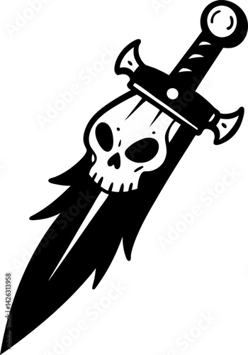 A black and white drawing of a sword with a skull on the handle