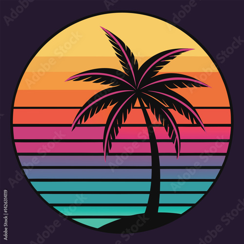 A tropical beach sunset silhouettes a lone figure near palm trees under a vibrant summer sky