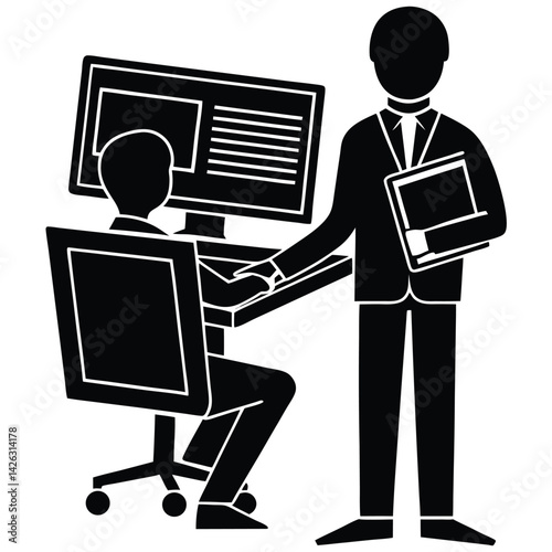 Business meeting with colleague at desk providing project feedback concept illustration