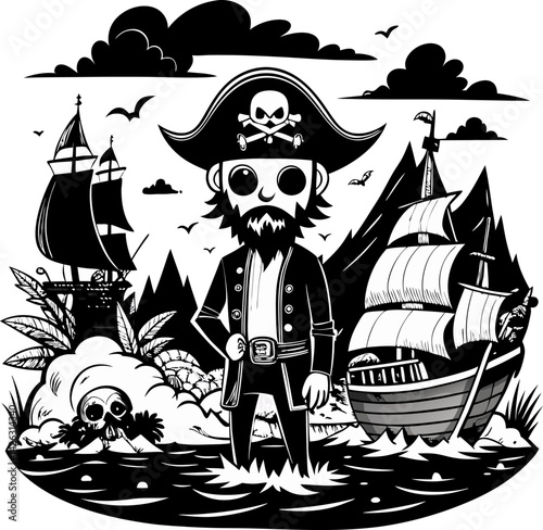 A  pirate stands on a boat in front of a ship