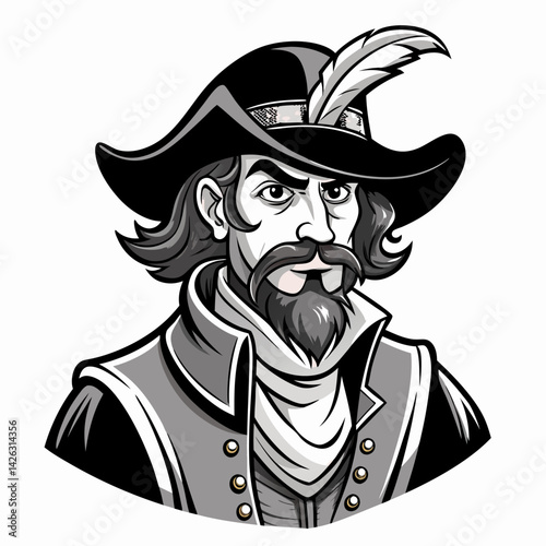 Vintage Pirate Portrait Classic Buccaneer Illustration in Monochrome Style