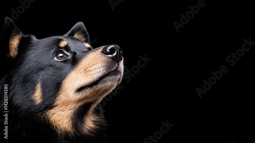 A curious dog looks upward against a black background