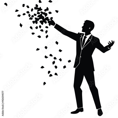 Business success silhouette man throwing money celebrating achievement financial growth