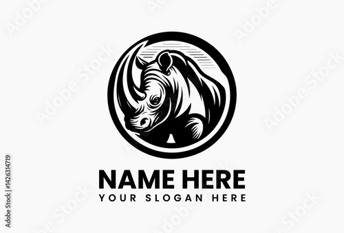 Detailed rhino line art with contour shading, premium logo template for safari companies and luxury brands
