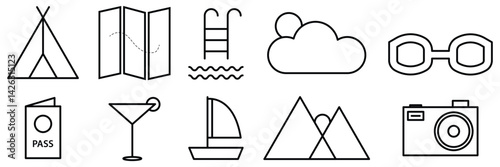 Summer vacation icons for web and mobile app. Travel symbol collection. Holiday related line icons vector illustration.