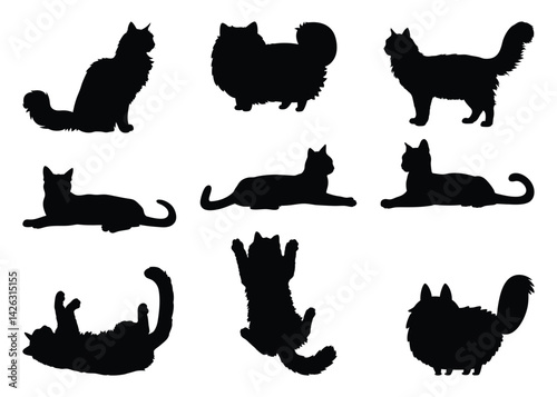 Nine Cat Silhouettes Collection Various Poses Fluffy Longhair Short Hair