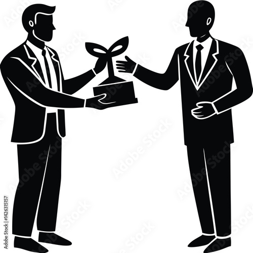 Businessman receiving plant trophy symbolizing growth success and sustainable business practices in minimalist style
