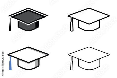 Graduation cap symbols in line art icon set showing various angles and perspectives, perfect for educational concepts