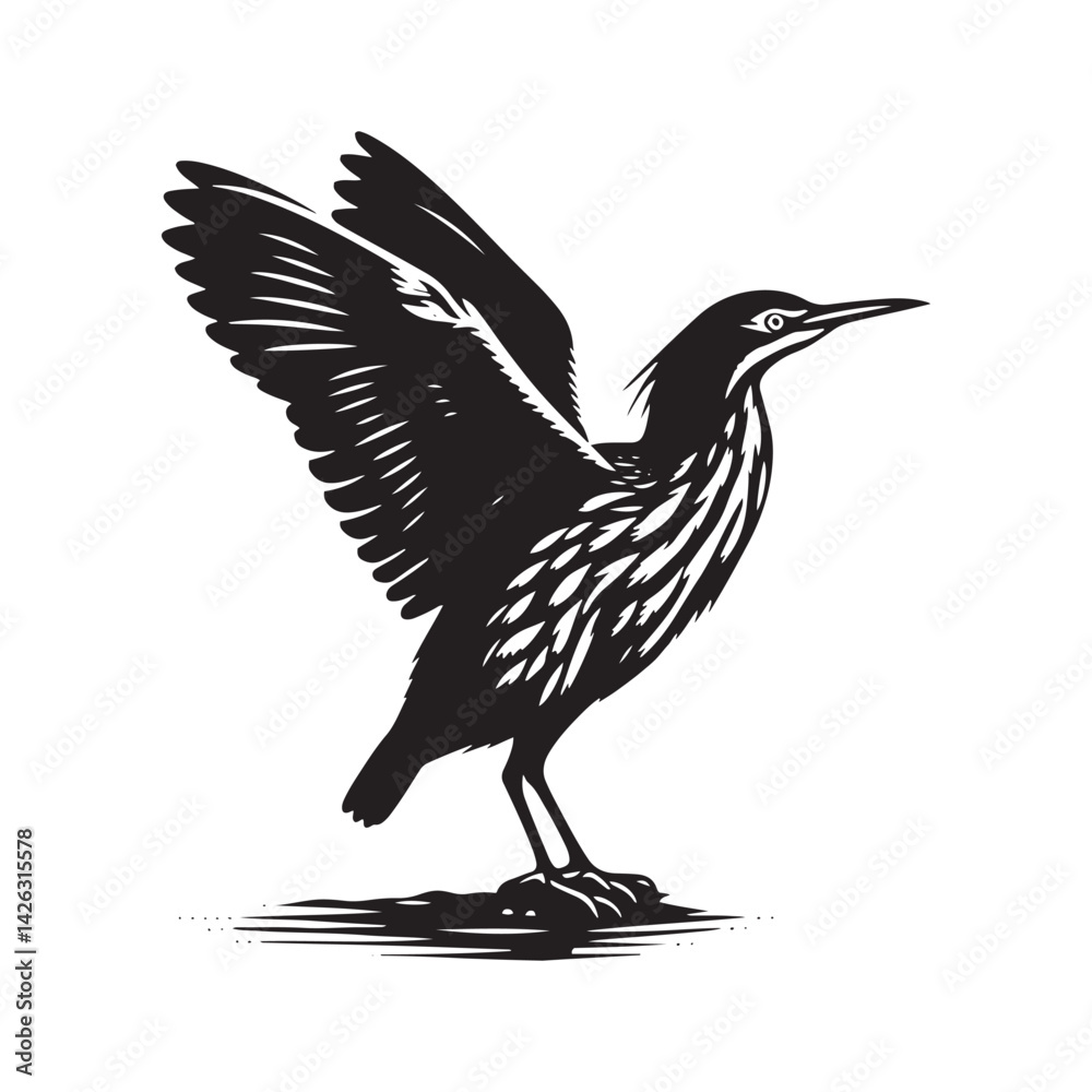 Naklejka premium Striking American Bittern Silhouette Vector - Elegant Marsh Bird Design - Minimalist American Bittern Art- American Bittern Illustration.