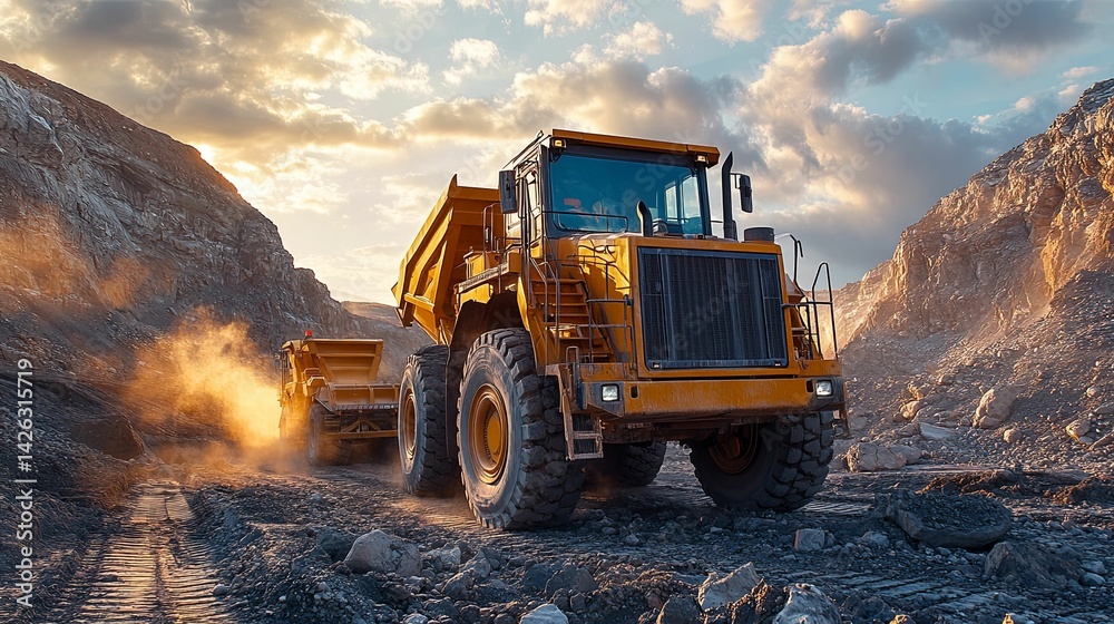 Heavy-duty mining truck navigating a rugged quarry. Heavy-duty mining truck navigating a rugged quarry.