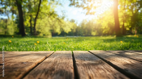 Sunny park scene with wooden planks in foreground, green grass and trees blurred in background.