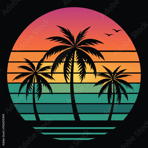 A tropical beach sunset silhouettes a lone figure near palm trees under a vibrant summer sky