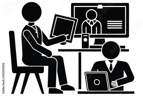 Online business meeting with laptop and presentation screen silhouette icon vector