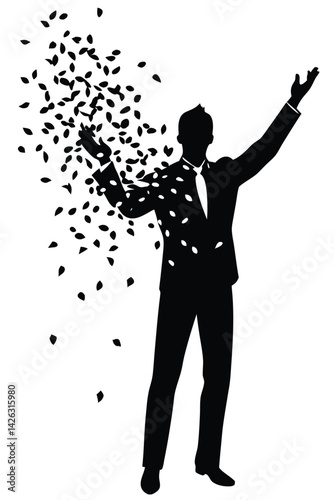 Silhouette businessman transforming into leaves with hands raised in optimism and success