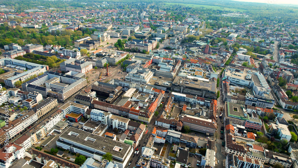 An aerial panorama view around the old town of the city Darmstadt in Germany on a sunny spring day.