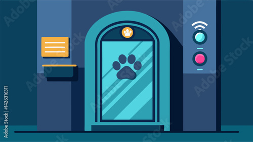 A futuristic pet door that uses advanced biometric identification to only let your loyal companion in and keep intruders at bay.. Vector illustration