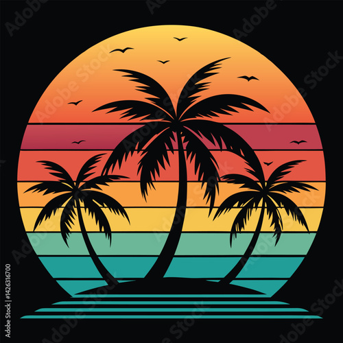 A tropical beach sunset silhouettes a lone figure near palm trees under a vibrant summer sky