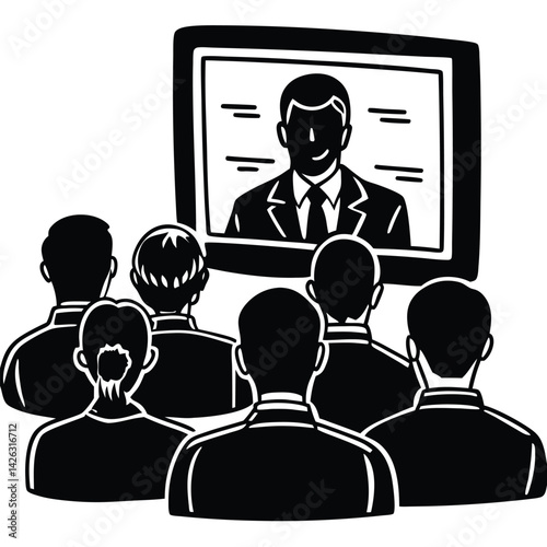 Audience watching online presentation from home office during webinar in black and white