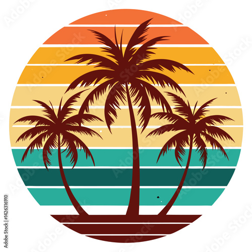 A tropical beach sunset silhouettes a lone figure near palm trees under a vibrant summer sky