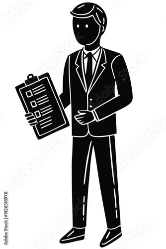 Black and white vector illustration of businessman holding clipboard with checklist