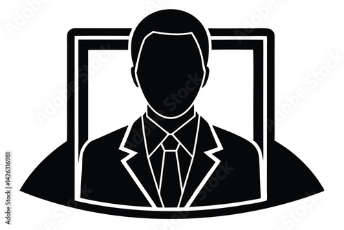 Black and white vector image of a faceless businessman on laptop screen