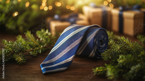 A classic blue necktie with silver stripes on a wooden table, evoking warmth and love for Father's Day.
