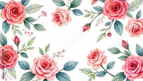 Delicate watercolor roses & leaves, repeating pattern, green, romantic, spring