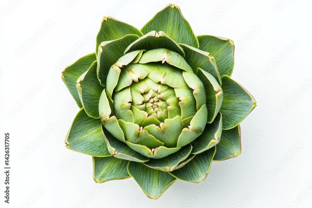 Fototapeta premium Close up of a single artichoke blossom, top view, isolated on white background