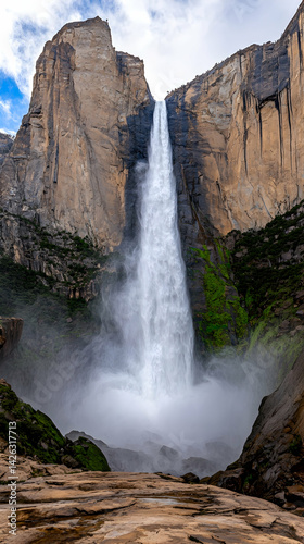 Majestic waterfall cascading down towering cliffs, misty spray at base, scenic background, ideal for travel brochures