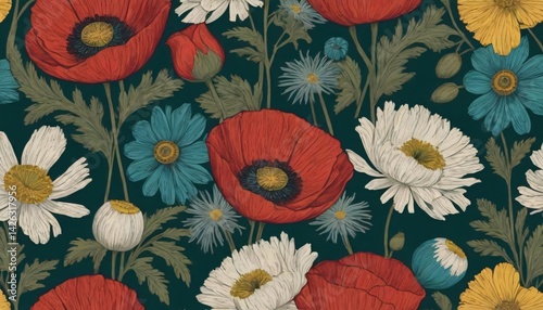 A vintage-style digital illustration featuring colorful poppies and daisies in full bloom and buds, set against a dark background, creating a vibrant pattern