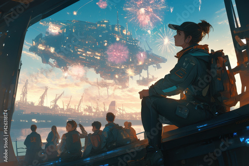 Woman gazes at fireworks in night sky, spellbound by vibrant bursts illuminating the darkness.