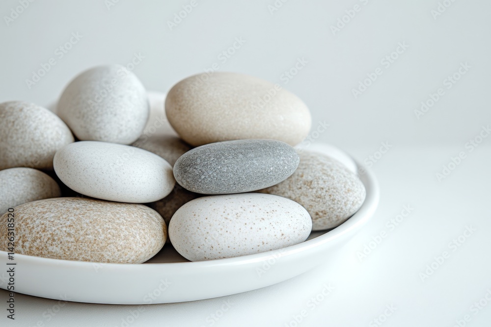 Collection of smooth decorative stones arranged neatly on a white plate for minimalist decor in a bright setting Collection of smooth decorative stones arranged neatly on a white plate for minimalist decor in a bright setting