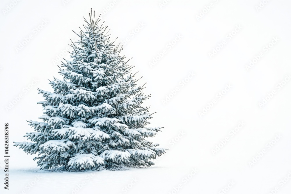 Snow-covered evergreen tree standing alone in a winter landscape during a cloudy afternoon Snow-covered evergreen tree standing alone in a winter landscape during a cloudy afternoon