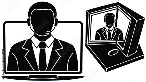 Online support services showing remote assistance through communication technology black and white