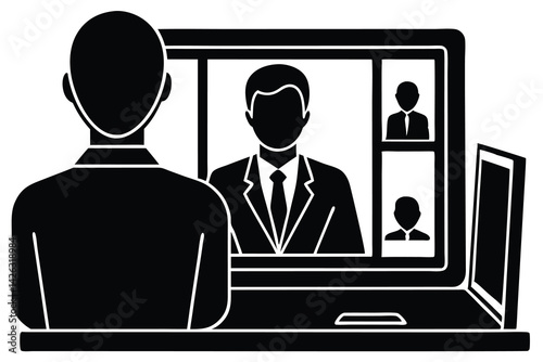 Remote video conference call on laptop with multiple participants illustration