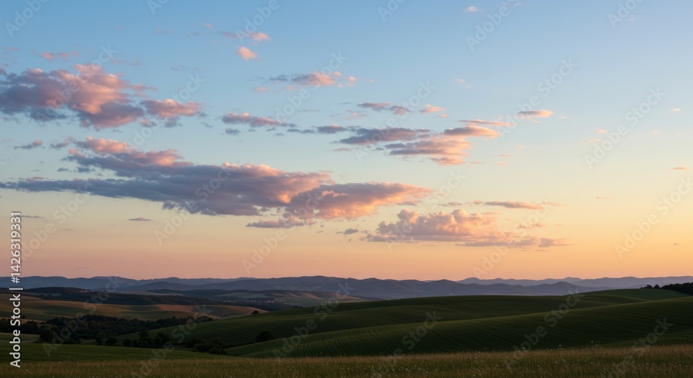 Obraz premium Serene Sunset Over Rolling Hills - Peaceful sunset landscape, symbolizing tranquility, nature's beauty, boundless horizons, serenity, and hope
