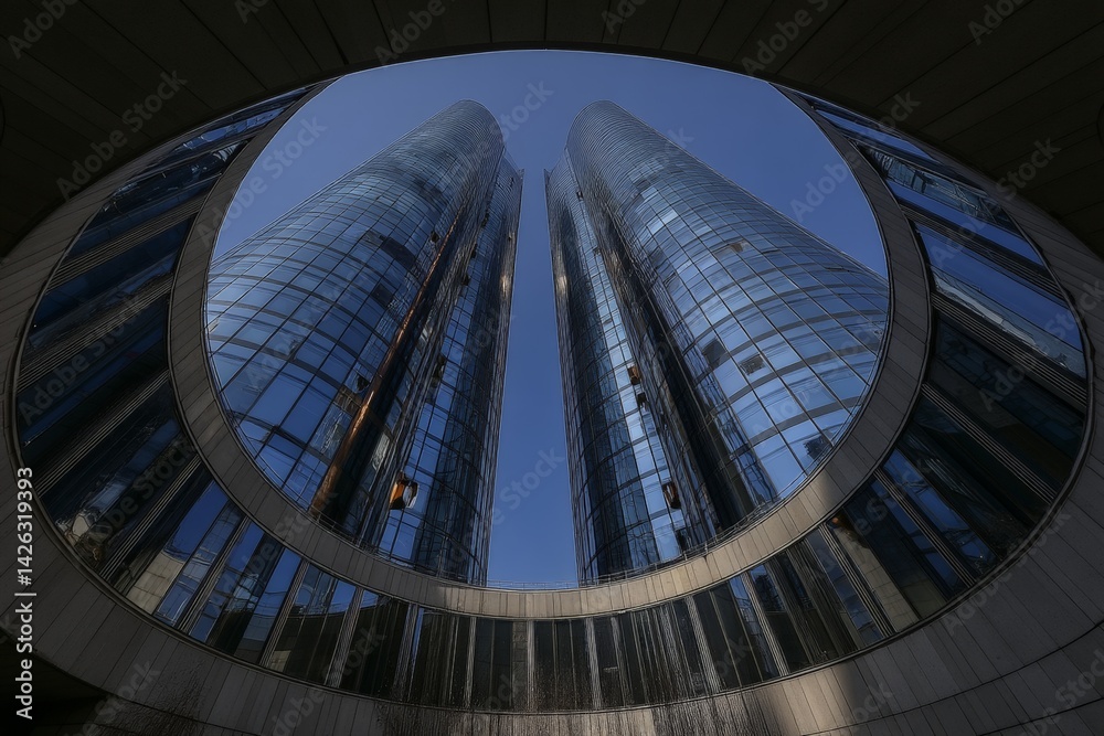 Fototapeta premium Tall glass skyscrapers reflect blue sky in urban setting observed from ground level during bright daylight