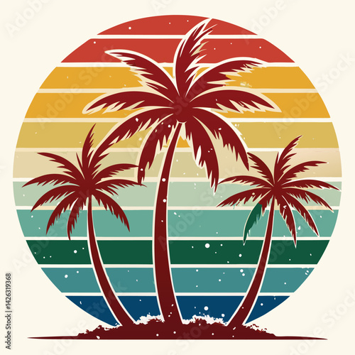 A tropical beach sunset silhouettes a lone figure near palm trees under a vibrant summer sky