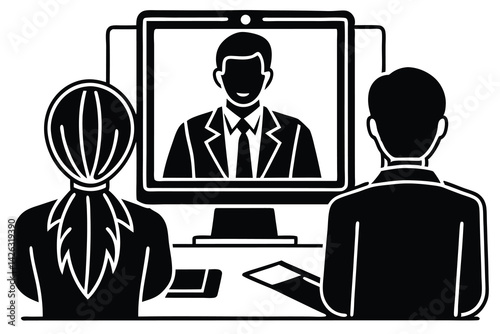 Team members in video conference meeting discussing online project using computer