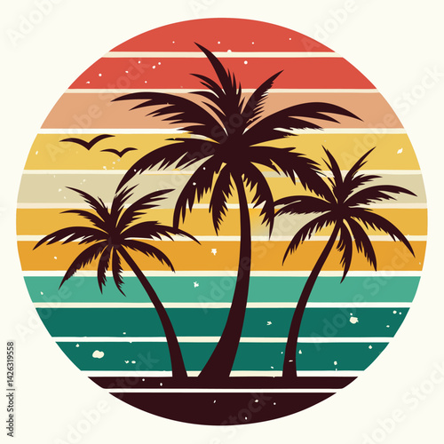 A tropical beach sunset silhouettes a lone figure near palm trees under a vibrant summer sky