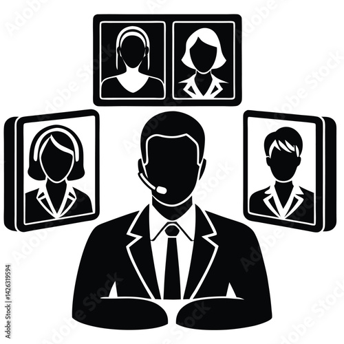 Virtual meeting graphic customer service agent with team isolated on white