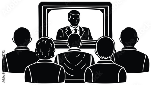 Watching television news audience observing broadcaster on screen minimalist black and white