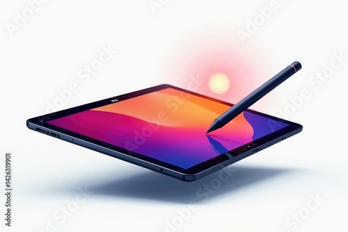 Floating digital tablet, stylus pen, on white background , display, ux, web