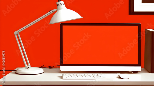 Red wall office desk computer mockup; workspace design; background books and art; website presentation
