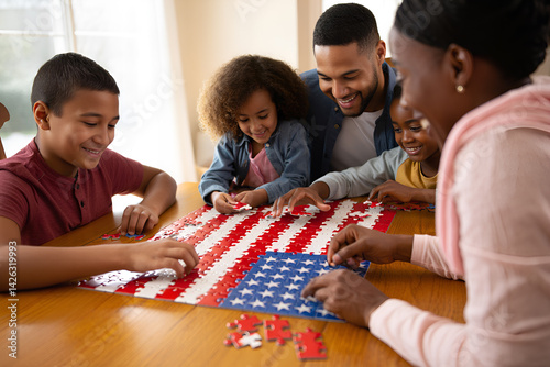 A friendly family collaborates to assemble an American flag puzzle, symbolizing unity and teamwork.